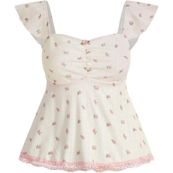 Tops - Women's Floral Print Lace Trim Cap Sleeve Sweetheart Neck Peplum Tee